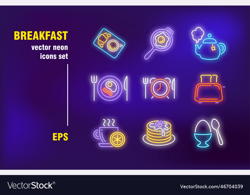 Breakfast collection in neon style Royalty Free Vector Image