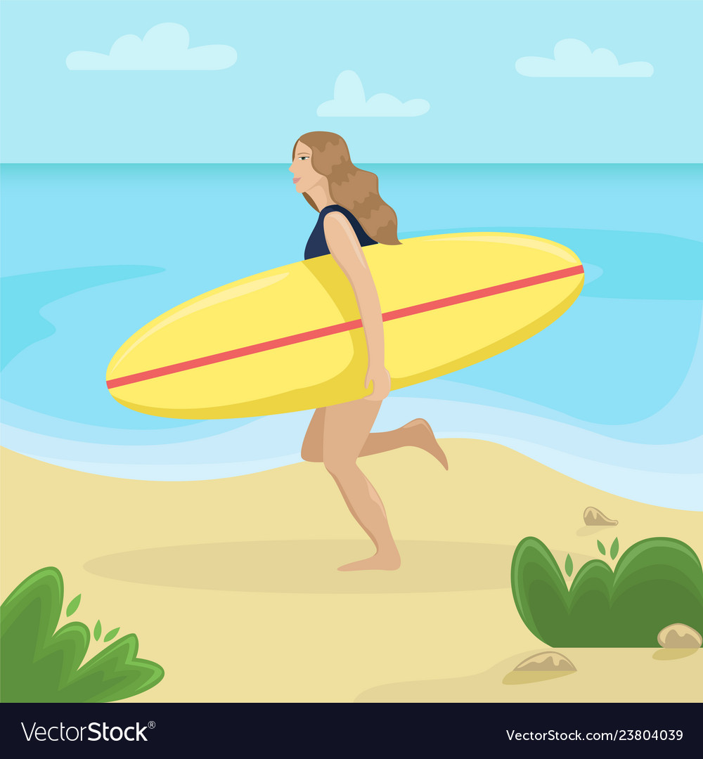 Girl on a beach in swimsuit running with surf