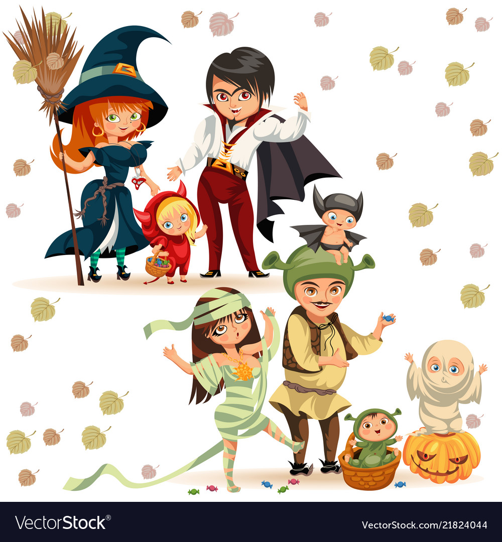 Happy family in halloween costumes poster vector image Happy family in halloween costumes poster