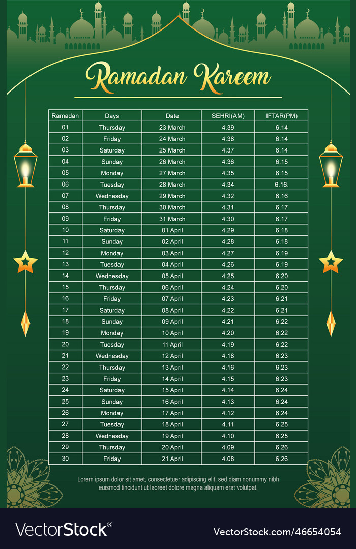 Ramadan iftar and sehri bangladesh time calendar Vector Image