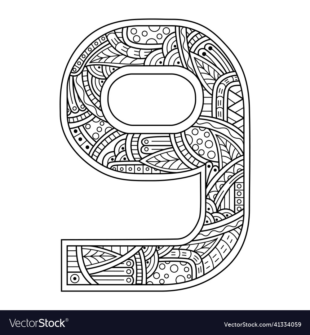 Hand drawn of number nine in entangle style