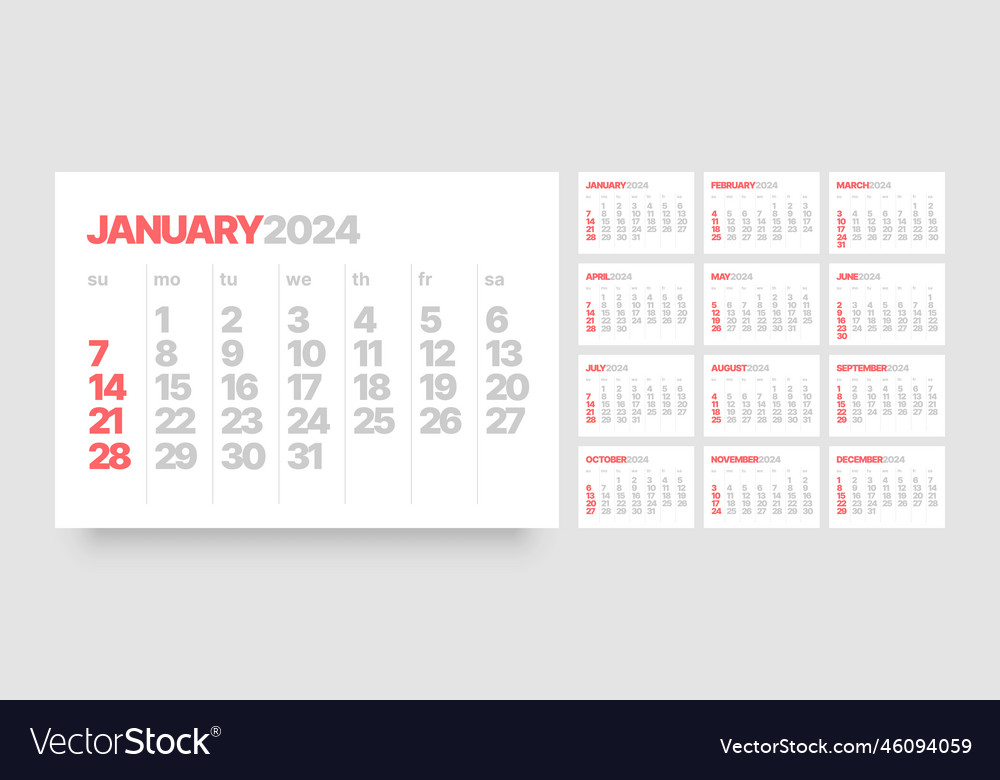 Monthly calendar for 2024 year starts on sunday Vector Image