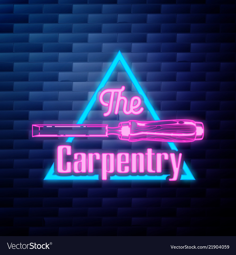 Vintage carpenter emblem glowing neon sign vector image Vintage carpenter emblem glowing neon sign
