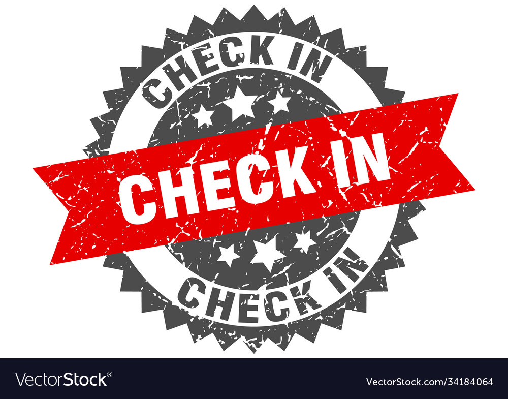 Check in stamp grunge round sign with ribbon