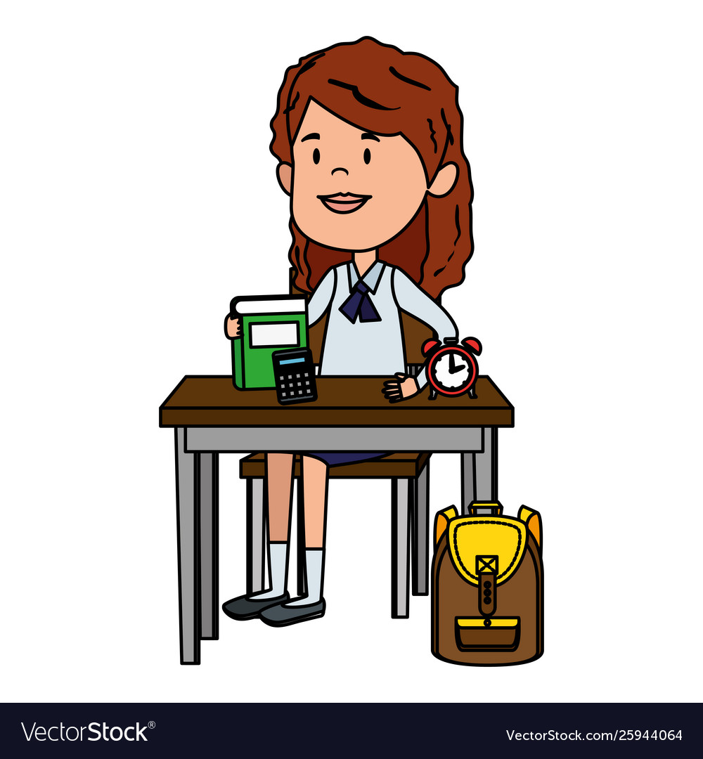 Happy student girl with supplies seated in school