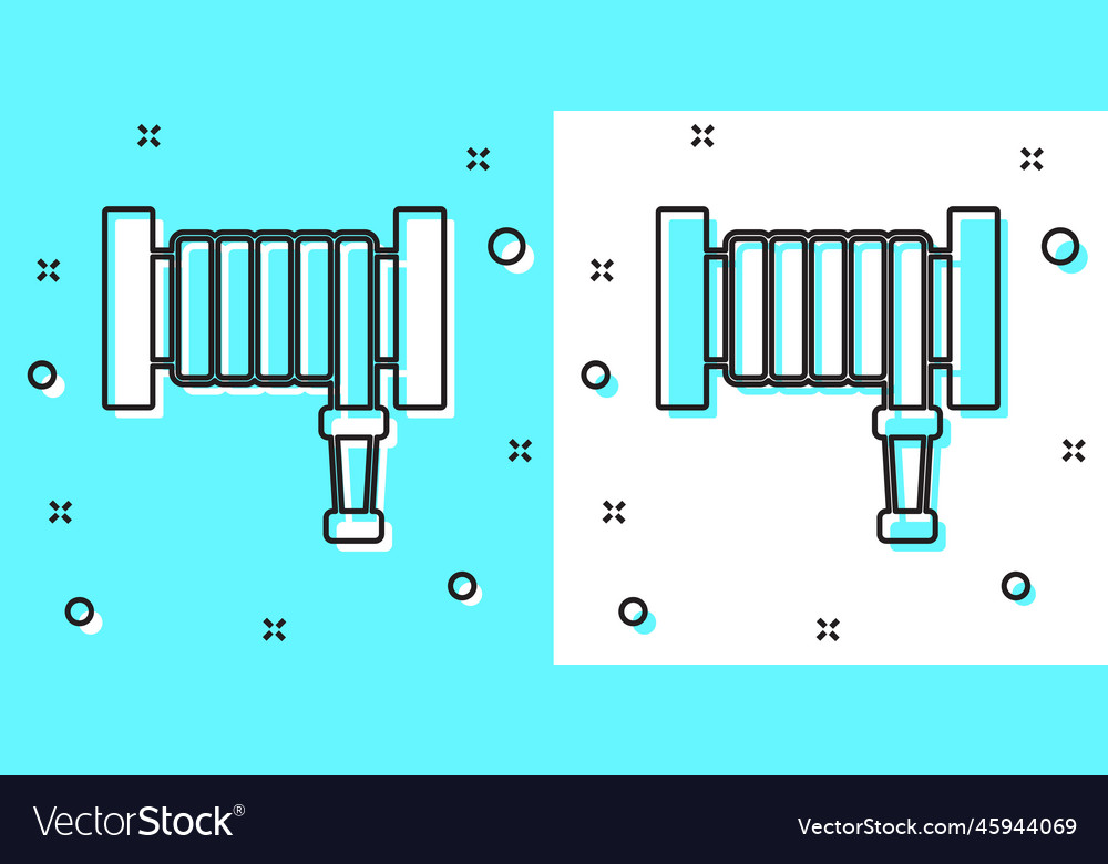 Black line fire hose reel icon isolated on green