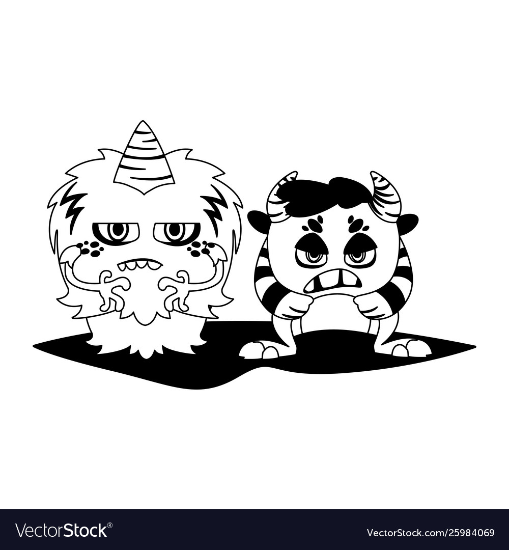 Funny monsters couple comic characters monochrome