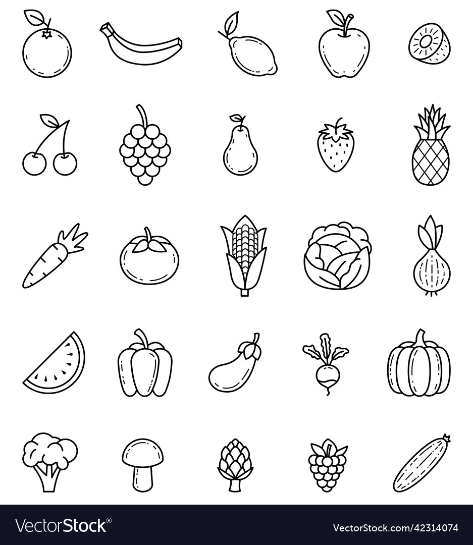 Fruits and vegetables line art isolated icons set Vector Image