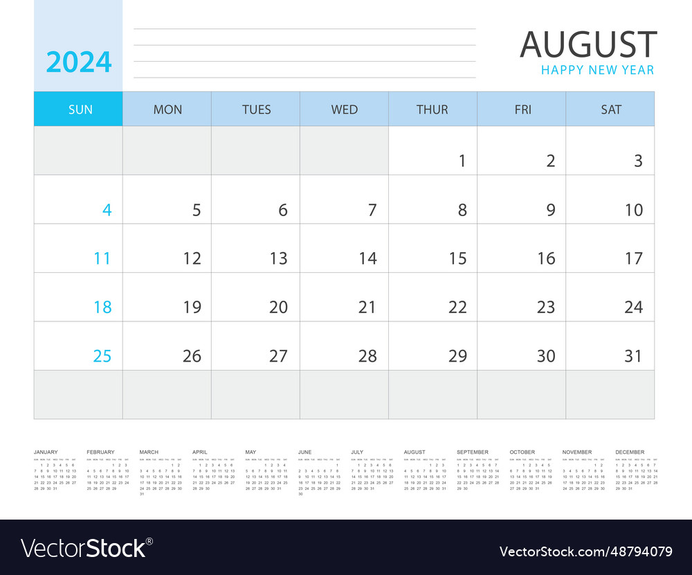 Calendar 2024 Year Template August Layout Design Vector Image