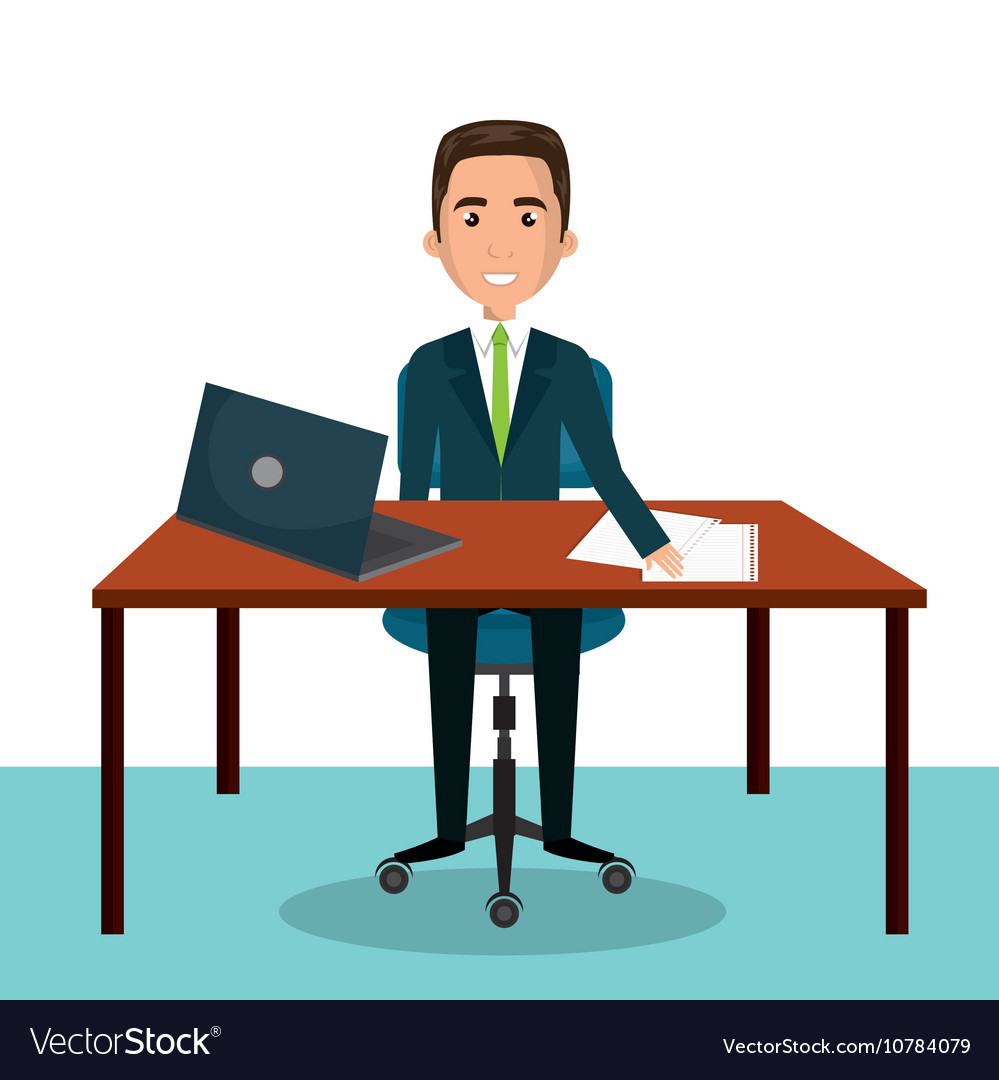 Cartoon man worker on computer desktop sitting Vector Image