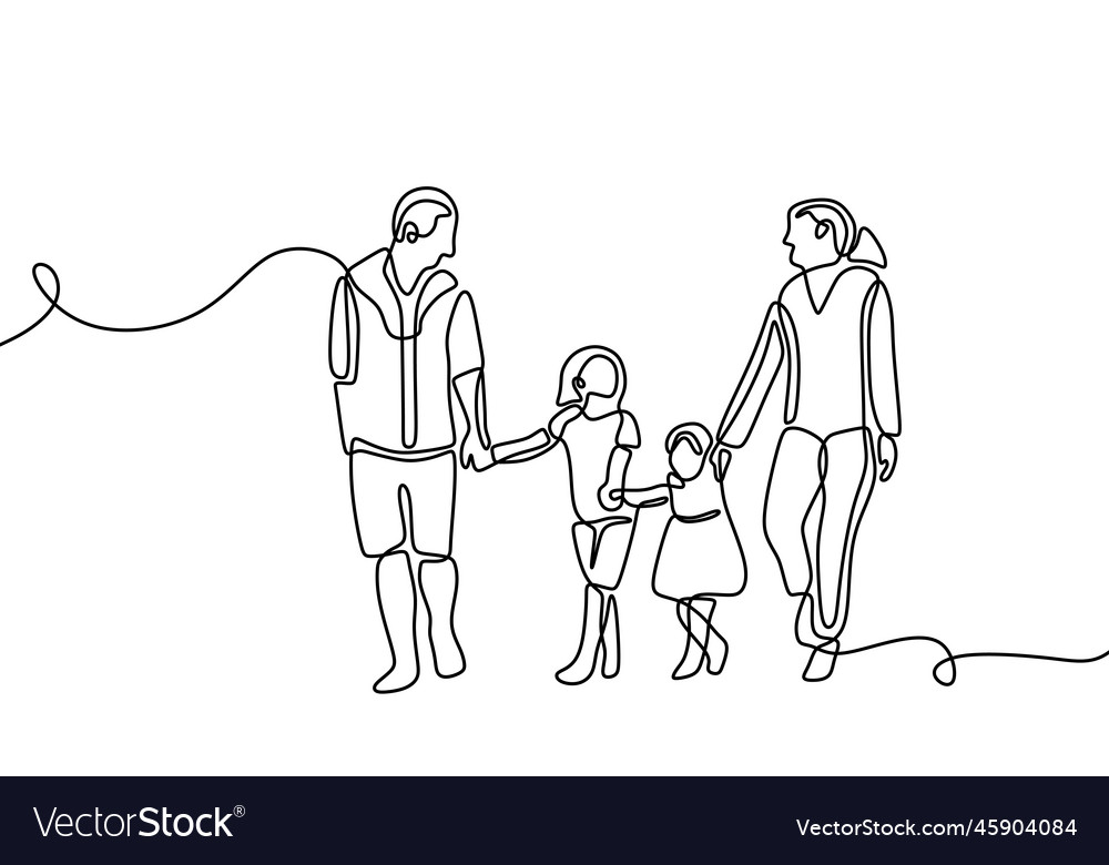 Continuous line parents walking with two children Vector Image