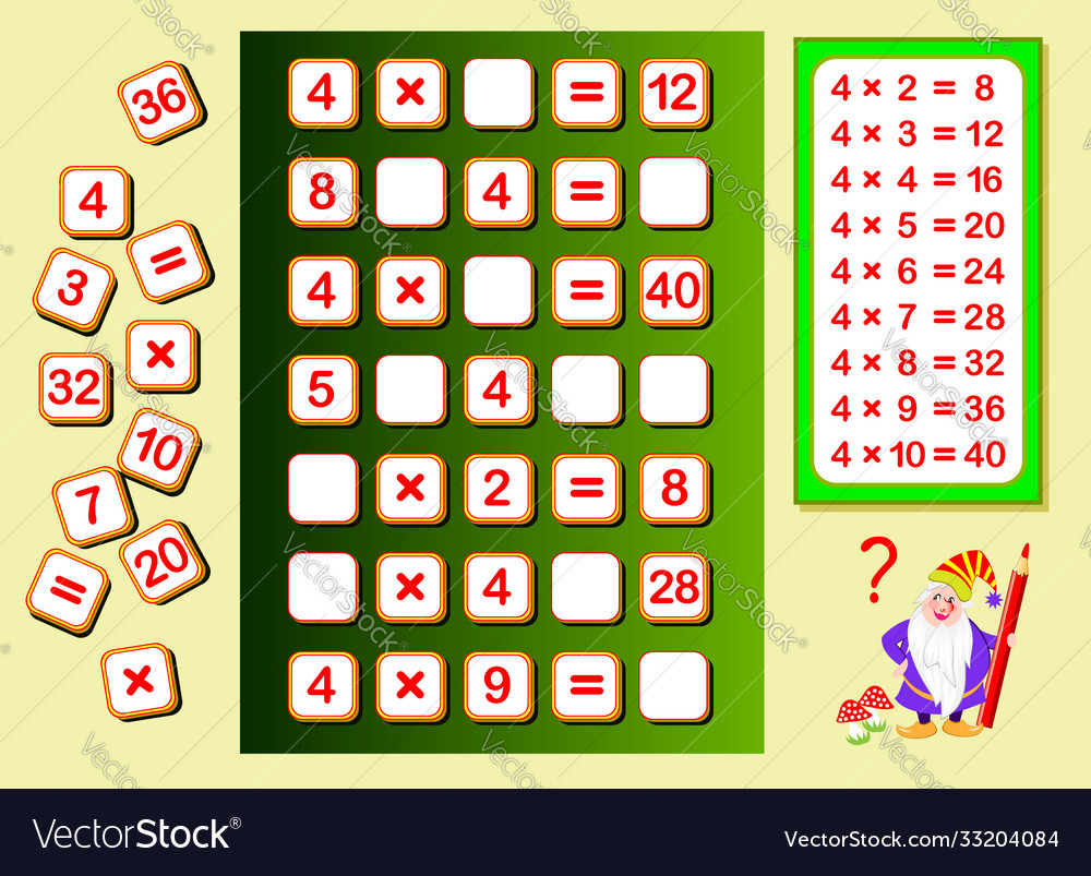 Multiplication table 4 for kids find places Vector Image