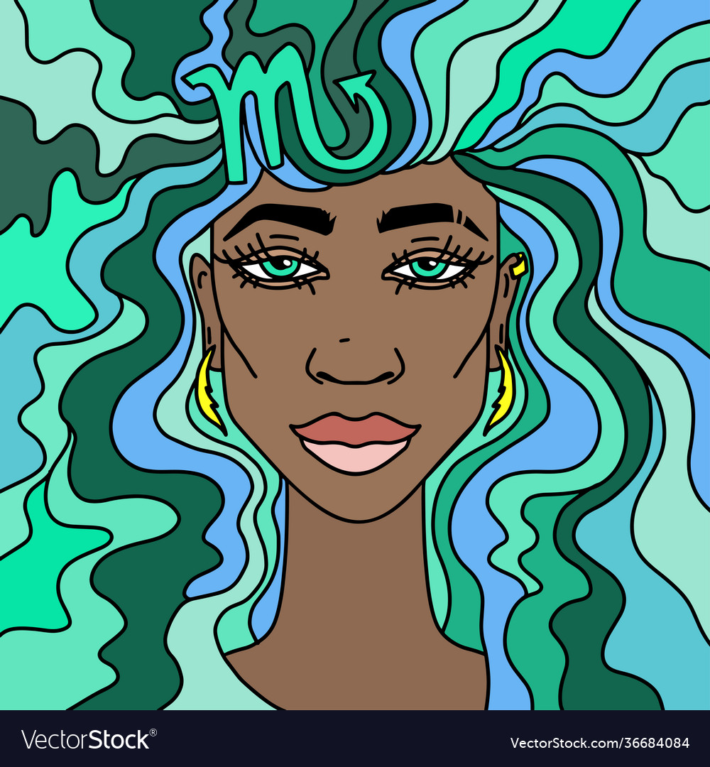 Scorpio girl portrait with green and blue hair