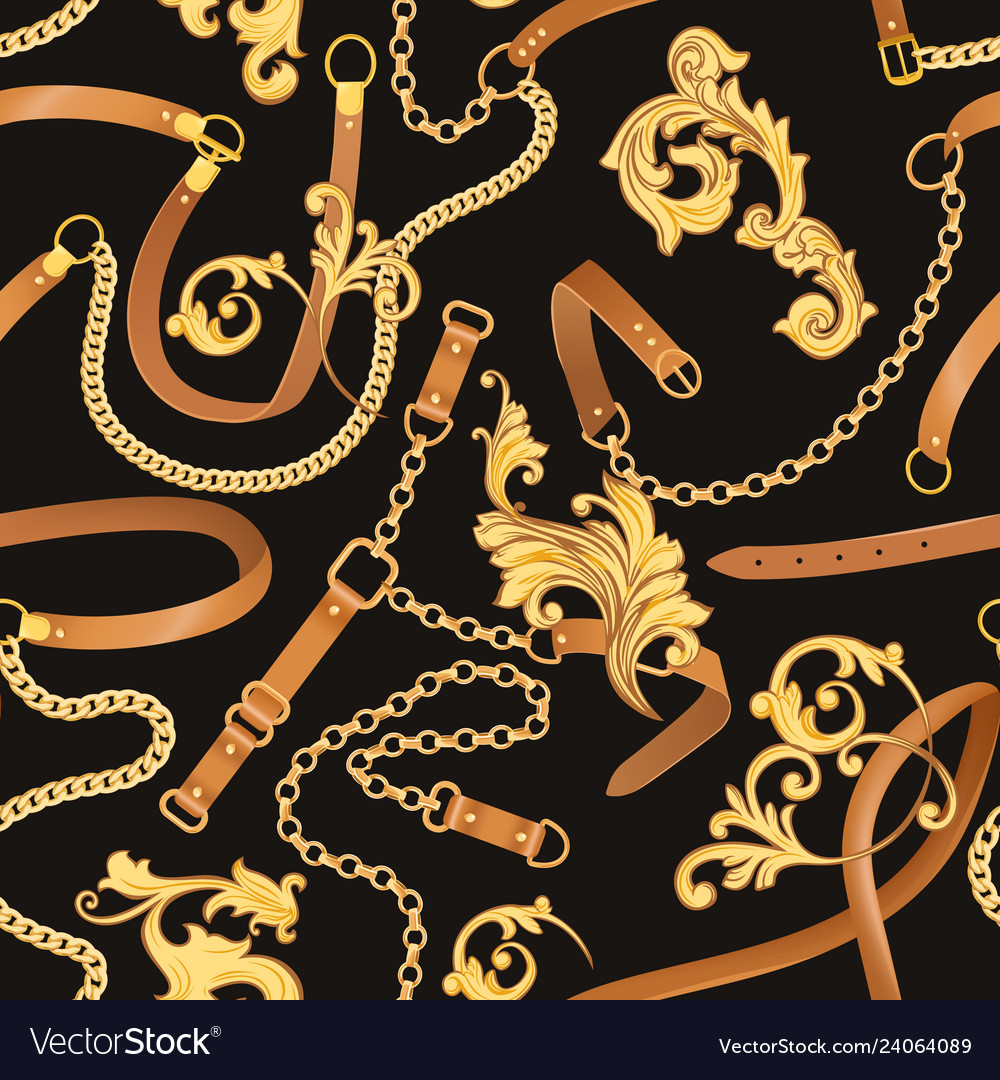 Fabric seamless pattern with golden chains belts