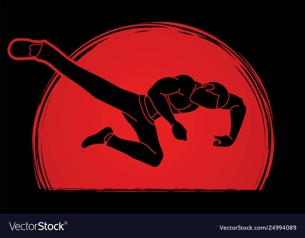 Kung fu pose kick boxing jumping attack Royalty Free Vector