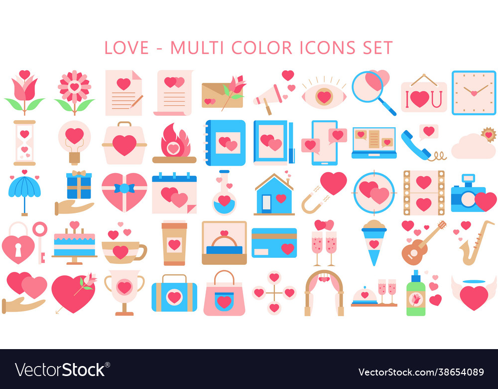 Multi-color love and romantic icons set