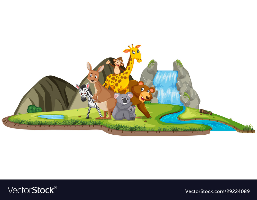 Scene with cute animals standing waterfall vector image Scene with cute animals standing waterfall