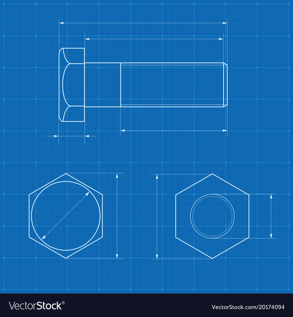 Metal bolt technical drawing on blueprint Vector Image