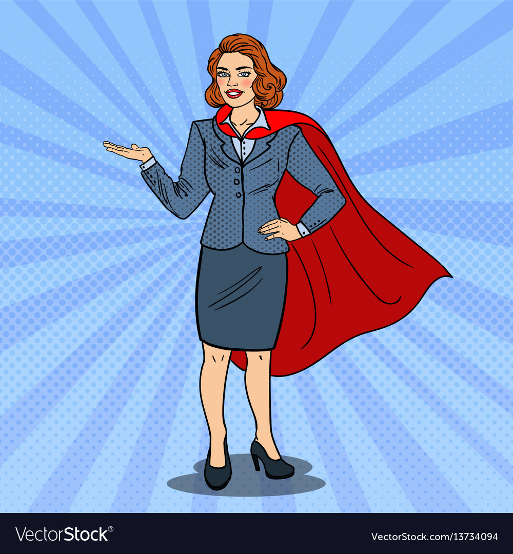 Pop art super business woman in red cape Vector Image