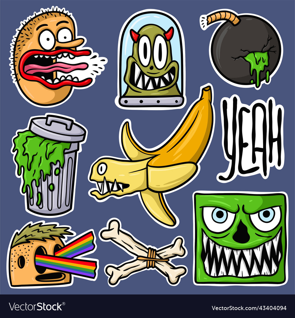 Sticker set hand drawn monster cartoon Royalty Free Vector