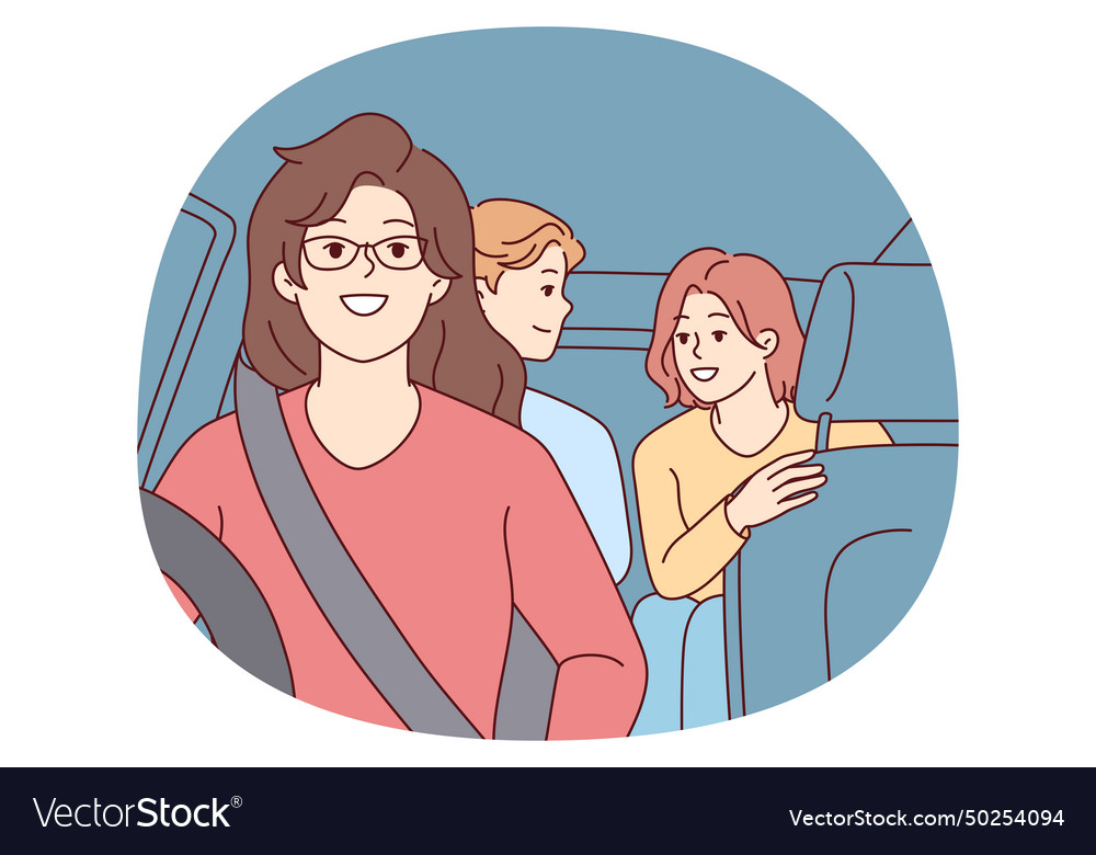 Woman drives car with teenage children Royalty Free Vector