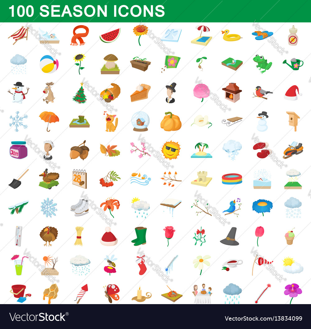 100 seasons icons set cartoon style vector image 100 seasons icons set cartoon style
