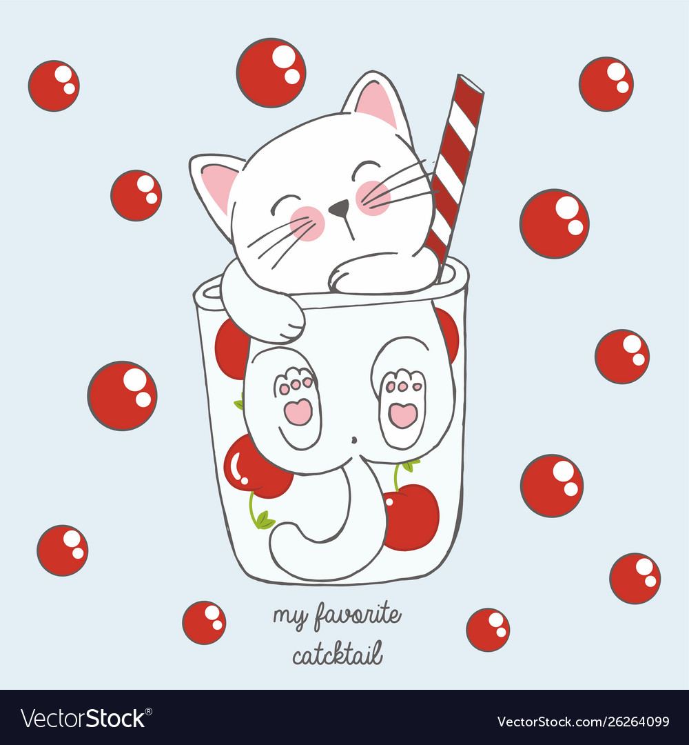 Cute kawaii cat in a glass cherry cocktail