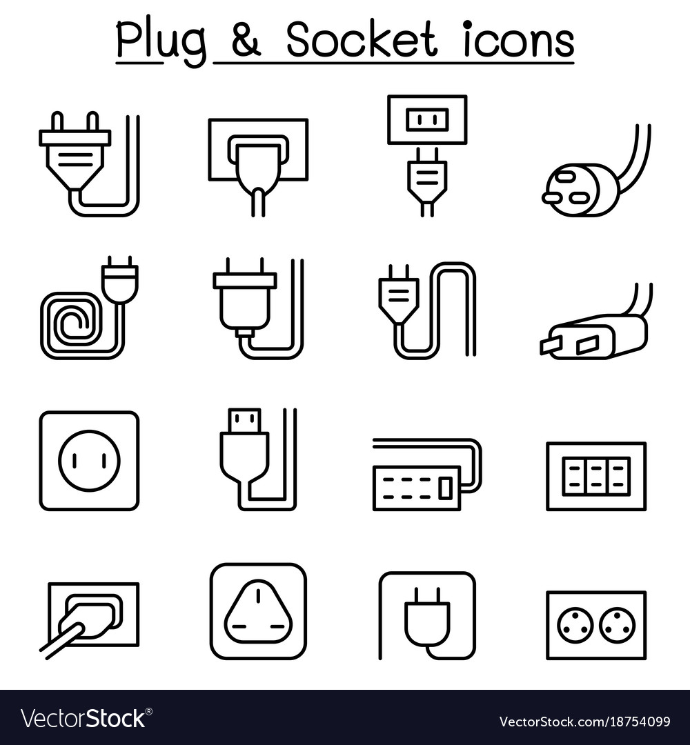 Plug socket icon set in thin line style Royalty Free Vector