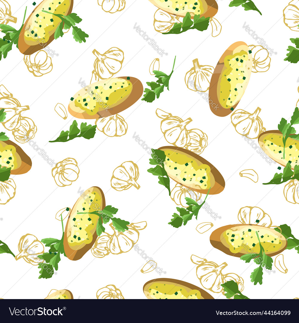 Seamless pattern with aromatic garlic bread Vector Image
