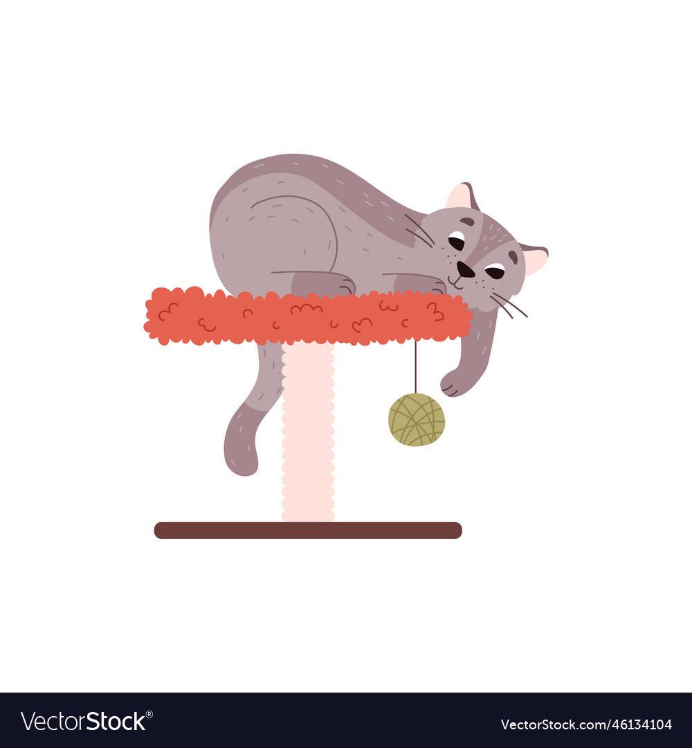 Cute cat lying on scratching post and playing