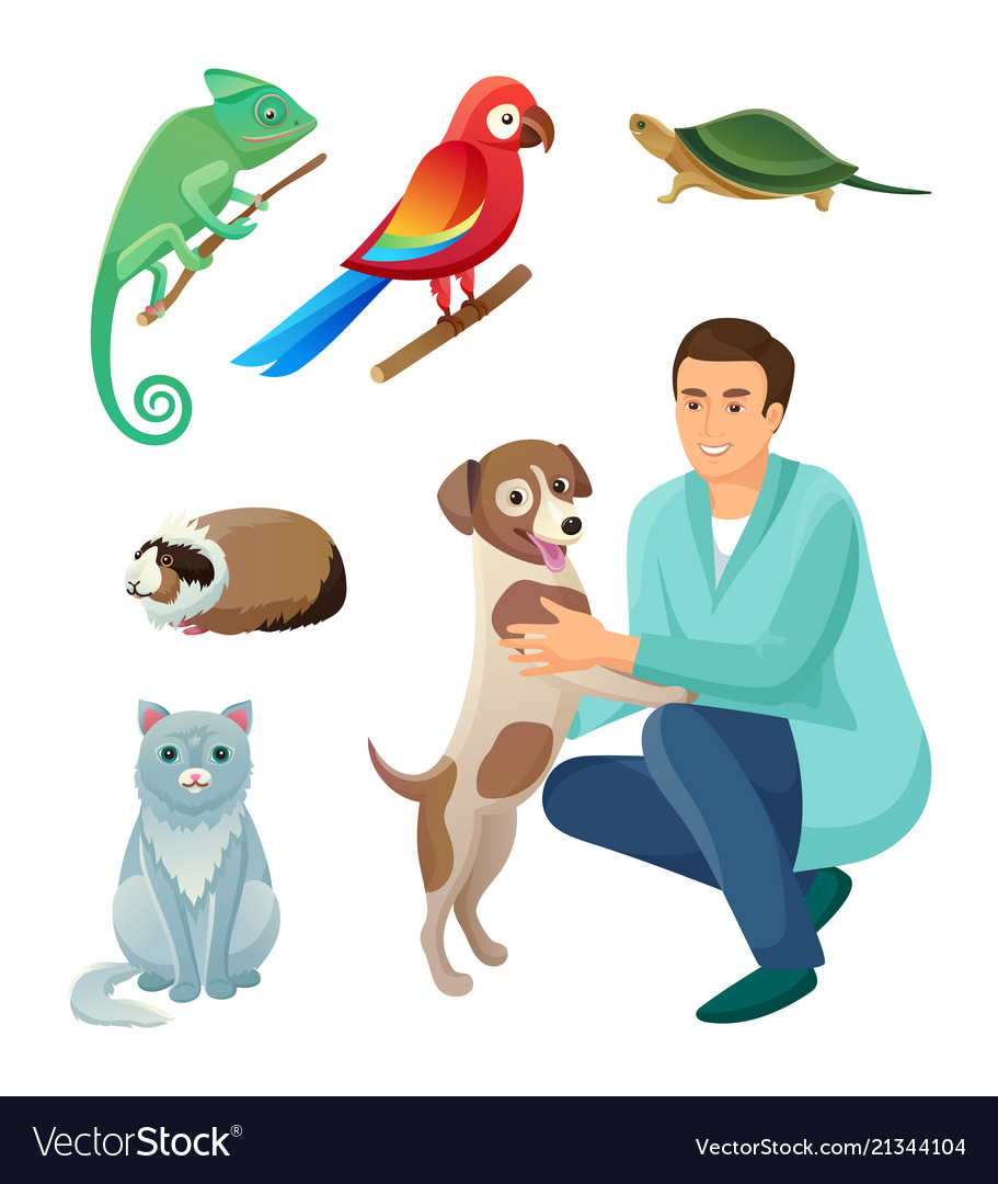 Veterinarian in robe with dog and exotic pets set