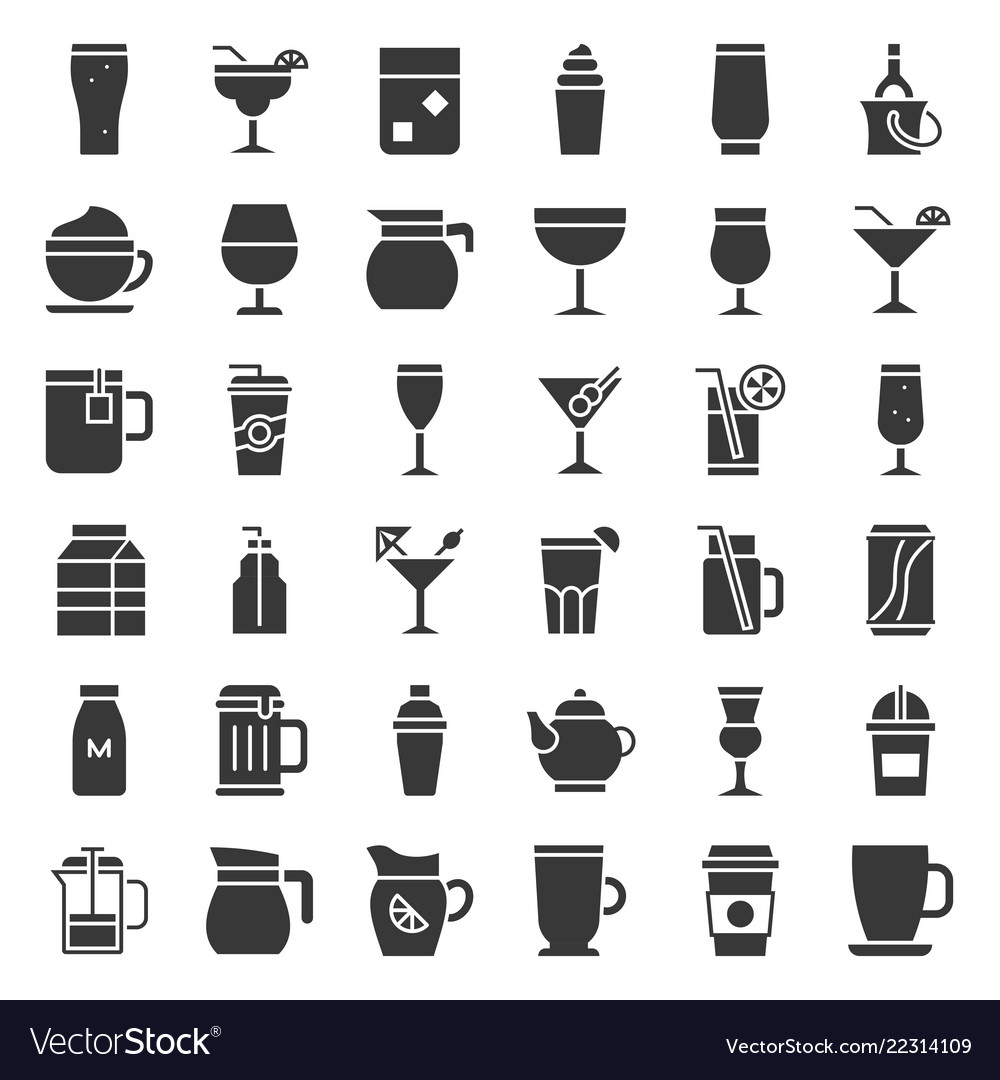 Beverage and glass element set solid style vector image Beverage and glass element set solid style