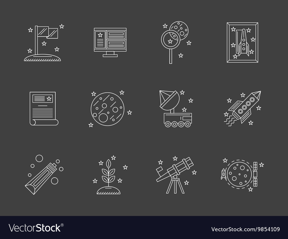 White flat line space research icons set