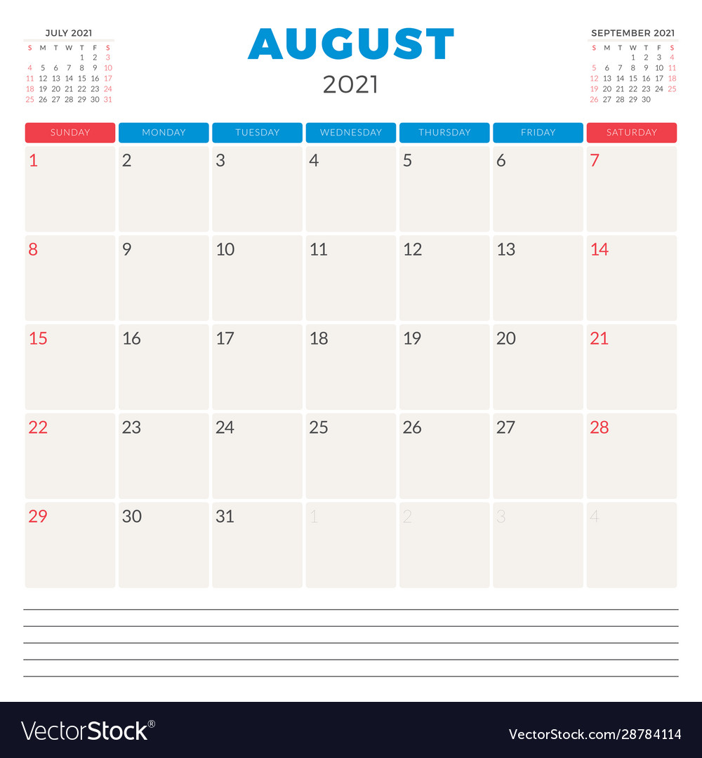 Calendar planner for august 2021 week starts