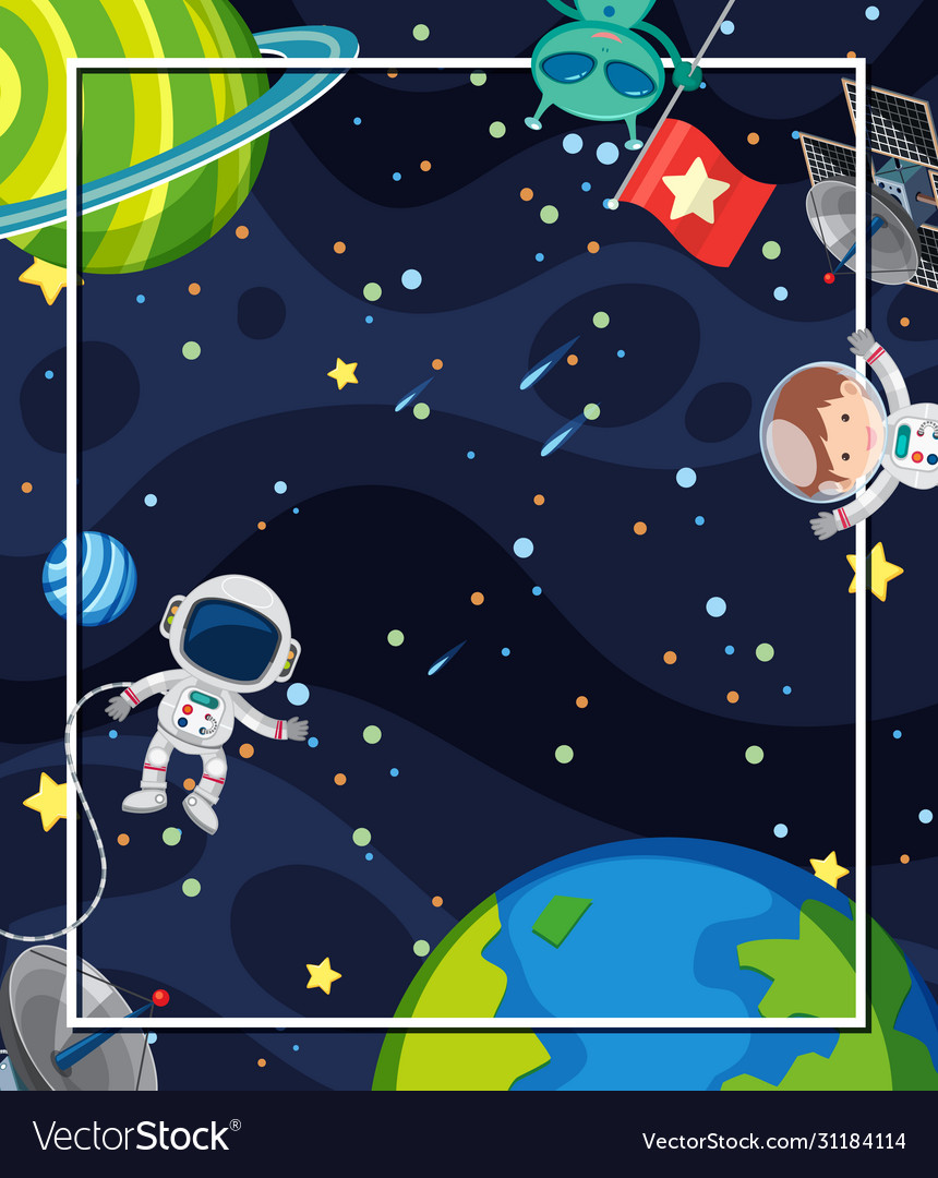 Frame design with many planets and astronauts Vector Image