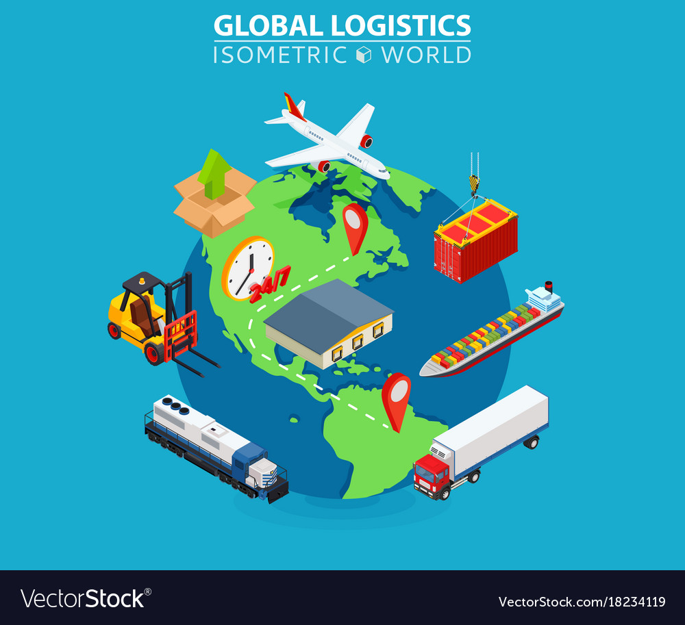 Global Logistics Cargo Delivery Flat 3d Isometric Vector Image