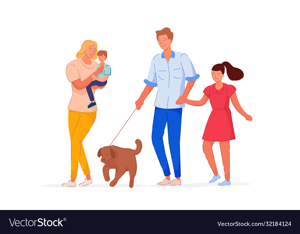 Family time together on walk isolated white