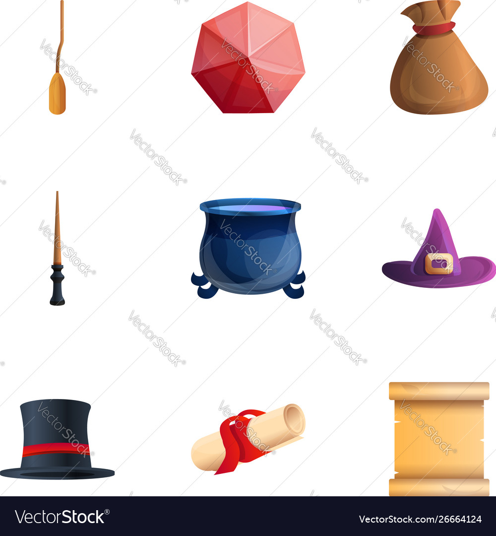 Magician object icon set cartoon style Royalty Free Vector