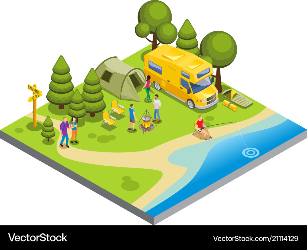 Isometric camping concept Royalty Free Vector Image