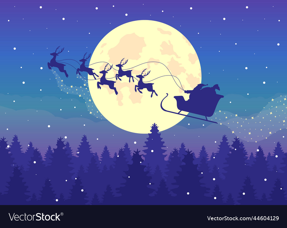 Santa sleigh with reindeers silhouette in the sky Vector Image