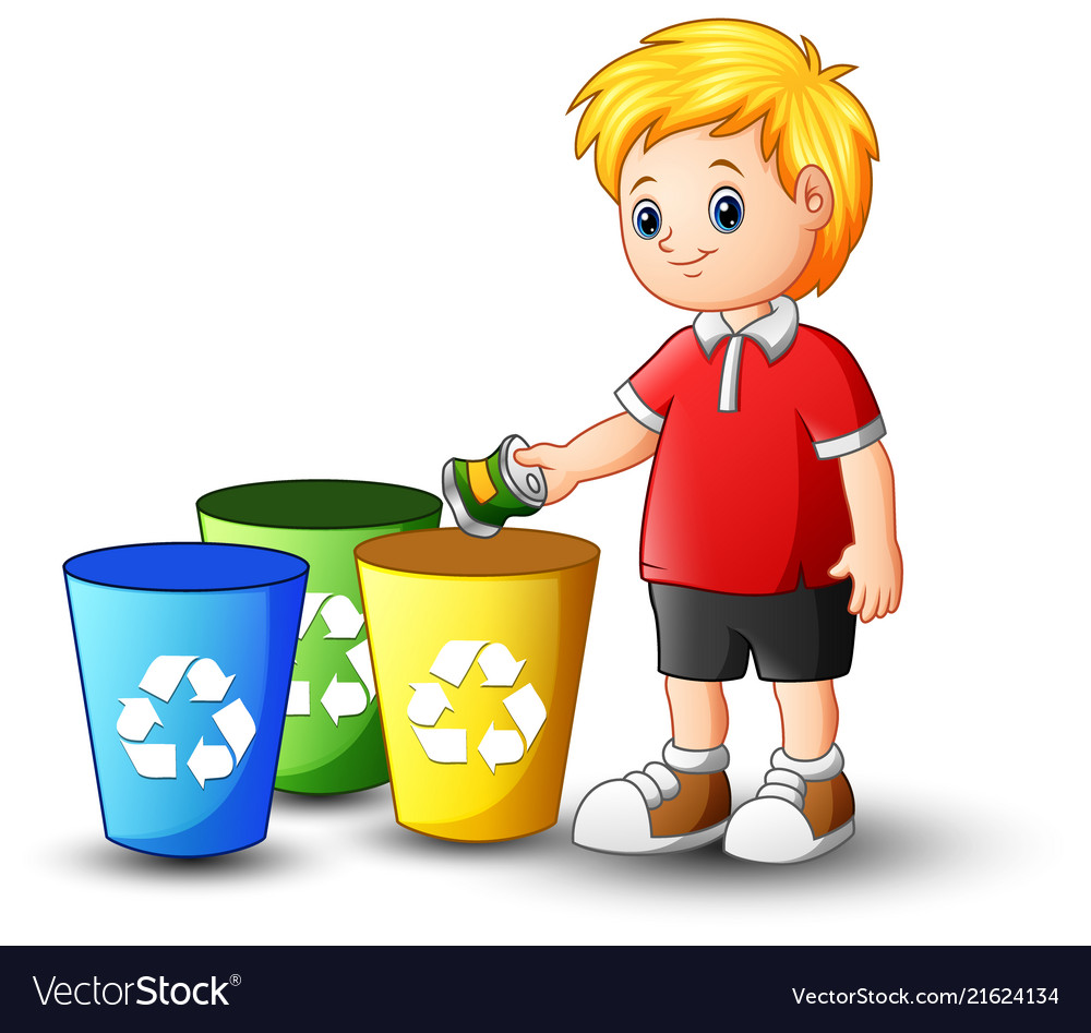 Boy putting aluminum in recycling bin Royalty Free Vector