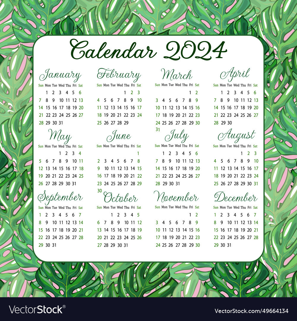 Calendar for 2024 on palm leaves Royalty Free Vector Image