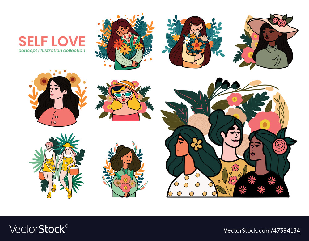 Hand drawn woman with flowers collection in flat Vector Image