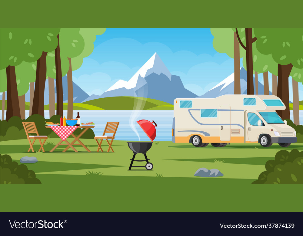 Camper with barbecue folding table deckchair Vector Image