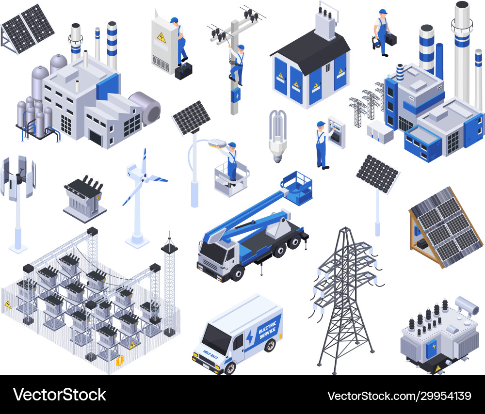 Electricity isometric set Royalty Free Vector Image