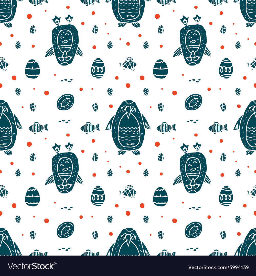 Funny seamless pattern with penguin and eggs