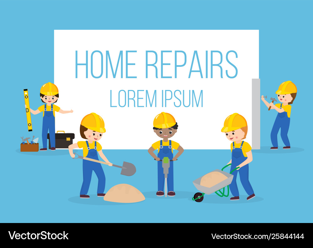 Home Repair Banner With Workers Construction Vector Image