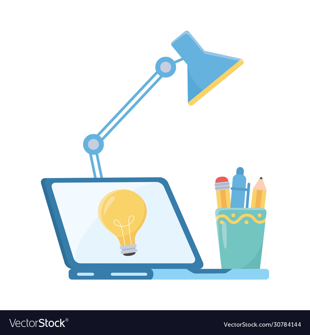 Laptop desk lamp light bulb and pencils mug