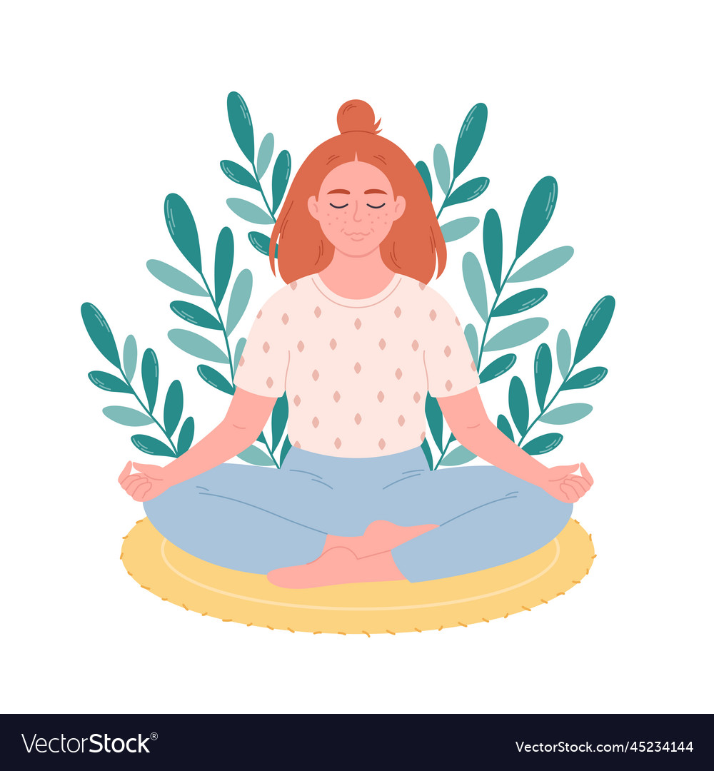 Woman sitting in lotus pose and meditating on mat Vector Image