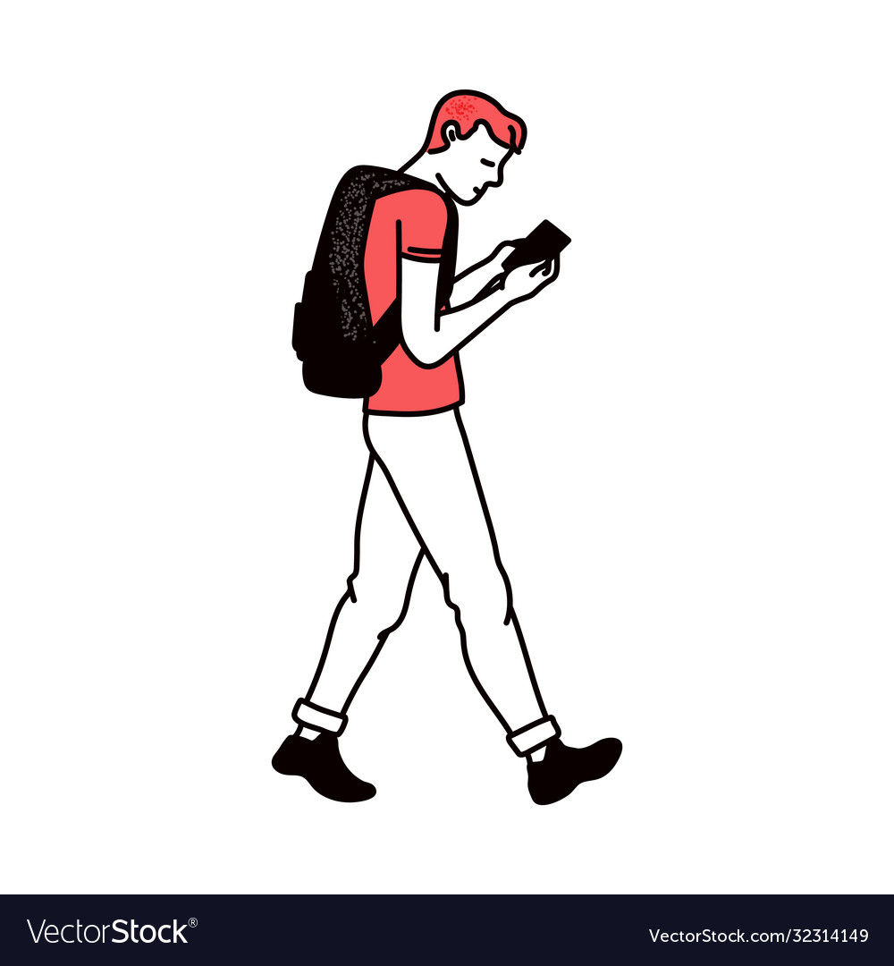 Cartoon man with backpack walking glued